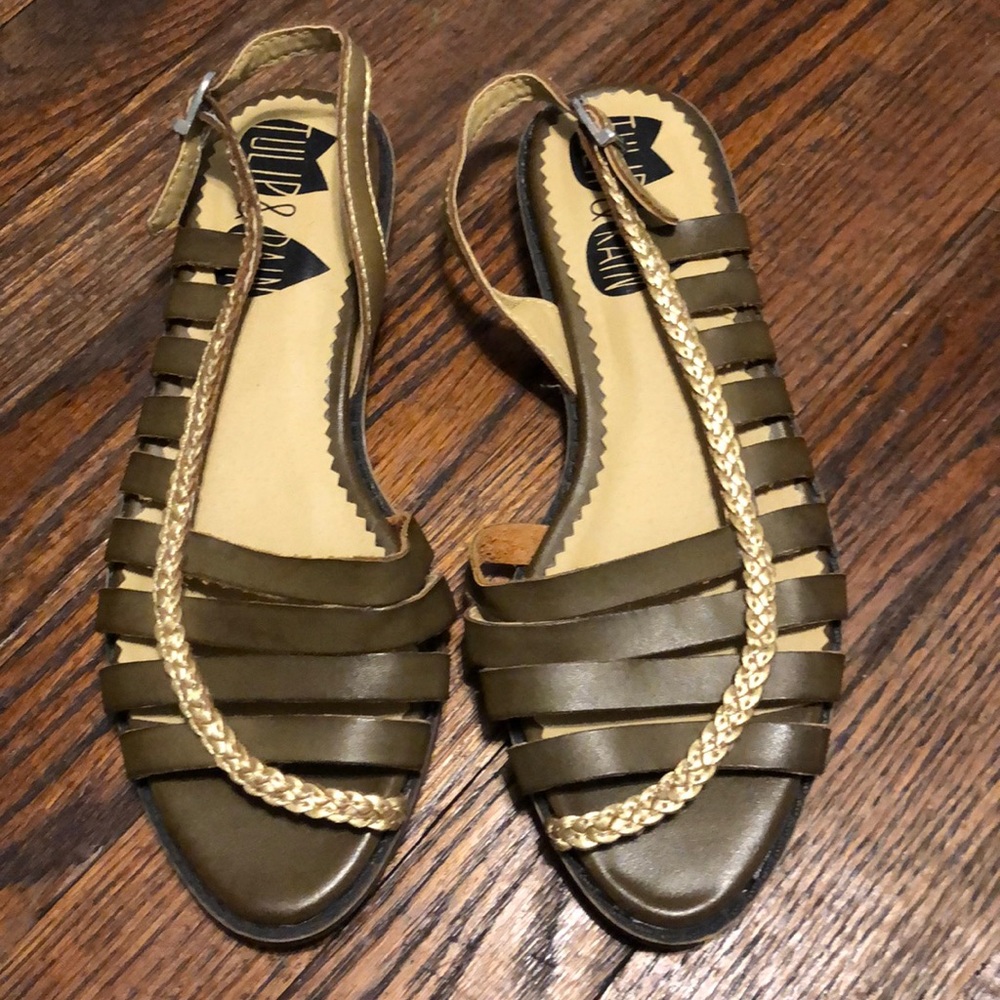 Olive green sandals with gold detailing